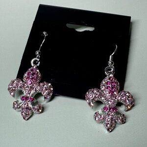 Elegant Pink Crystal and Silver Fleur-de-Lis Earrings